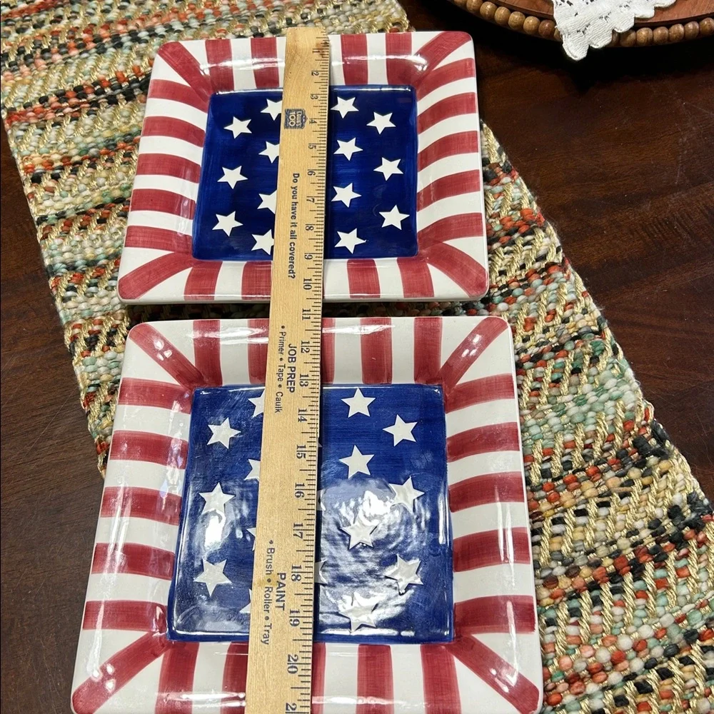 World Bazaars Inc Ceramic Hand Painted Red White Blue Plates Two Piece Bundle